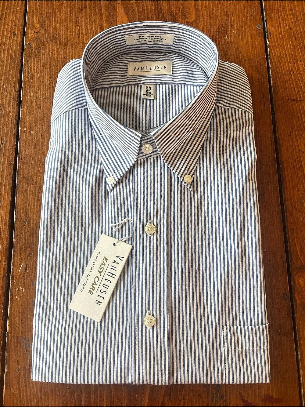 Van Heusen Easy Care Pinpoint Oxford Striped Dress Shirt Blue & White Large